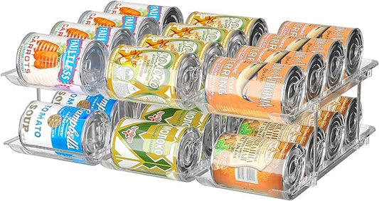 Attelite Can Organizer for Pantry, 3 Sets 2Tiers Can Storage Organizer Pantry, Soda Can Organizer for Fridge 24 Cans Rack Automatic Rolling Stackable Canned Food Organizer,Clear