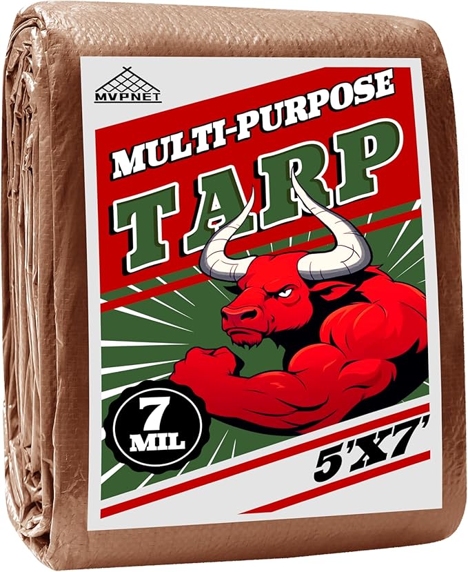 Tarp 5x7 ft 100% Waterproof 7mil Durable Grommets and Reinforced Edges,Uv Resistant,Green/Brown Tarp,Emergency Rain Shelter,Outdoor Cover and Camping Use -by MVPNET