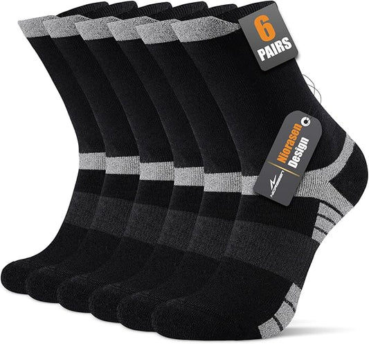 6 Pairs Men's Cotton Crew Work Boot Socks, Moisture Cushioned Athletic Sports Socks for Hiking Running Workout