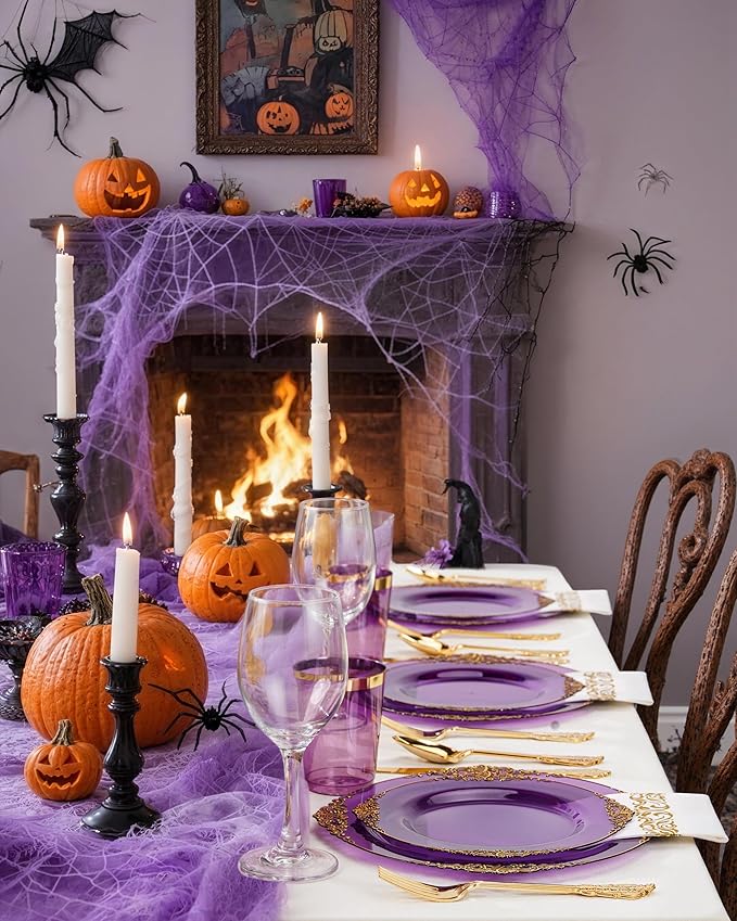 Nervure 175PCS Clear Purple Plastic Plates - Purple Party Plates Set for 25 Guests Include 25Dinner Plate, 25Dessert Plate, 25Cups, 75 Cutlery, 25Napkins Perfect for Wedding & Party