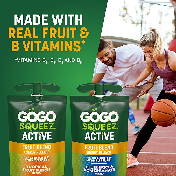 GoGo squeeZ Active Fruit Blend Energy Release|18-Count Variety Pack|Tropical Fruit Punch and Blueberry & Pomegranate|Made with Real Fruit and B Vitamins