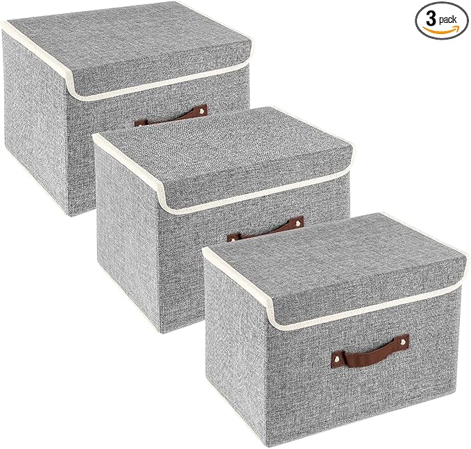 TYEERS Collapsible Storage Boxes, Washable Fabric Storage Bins with Lids, 14.9x9.8x9.8 inches, 3 Pack, Gray