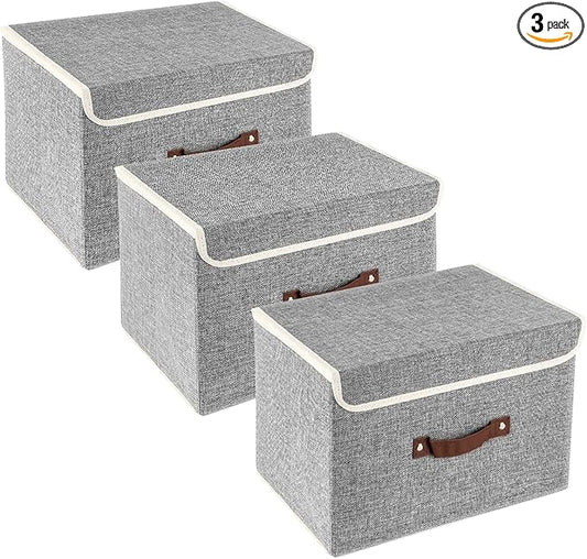 TYEERS Collapsible Storage Boxes, Washable Fabric Storage Bins with Lids, 14.9x9.8x9.8 inches, 3 Pack, Gray