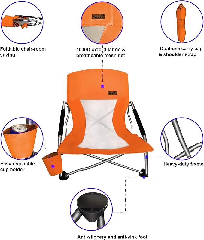 Nice C Chair for Beach for Adults 2 Pack, Low Chair, Sling, Folding, Portable, Concert, Kids, Boat, Sand Chair with Cup Holder & Carry Bag (Set of 2 Orange)
