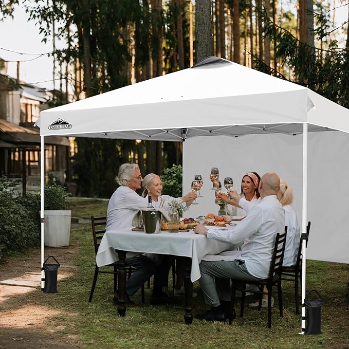 EAGLE PEAK Pop Up Canopy Tent with 1 Sidewall, Easy Setup Event Tent, Outdoor Sun Shade, Wheeled Carry Bag, Stakes and Guy Ropes, Instant Canopy 12x12, White