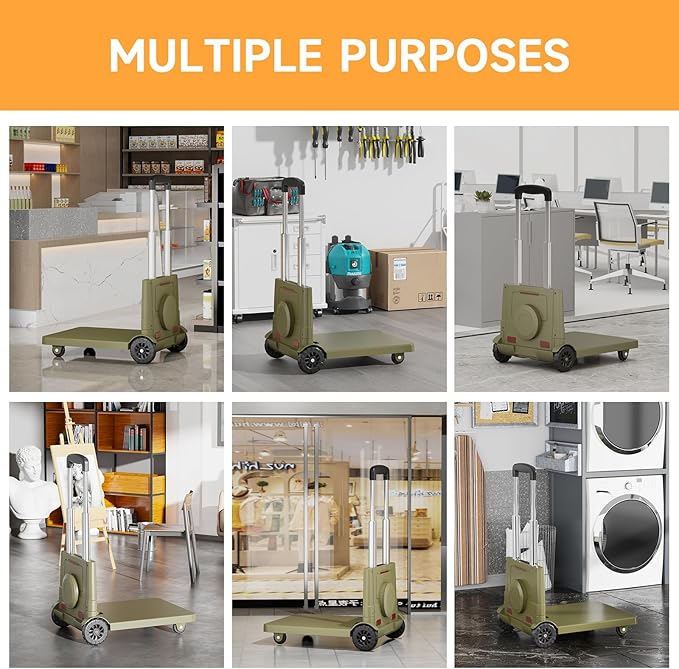 [220LBS Capacity] 4-Wheel Folding Hand Truck with Strong Base & Ropes - Heavy Duty Platform Cart for Moving/Shopping | Space-Saving Foldable Design Black Utility Carts Trolley Cart, (Green, M)