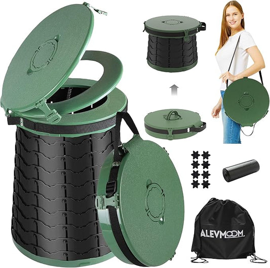 ALEVMOOM XXL Portable Toilet - 19.7" H Taller Wider Collapsible Foldable Camping Toilet with Lid, Strap, Bag - Adjustable for Camping, Hiking, Travel and Car