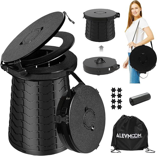 ALEVMOOM XXL Portable Toilet - 19.7" H Taller Wider Collapsible Foldable Camping Toilet with Lid, Strap, Bag - Adjustable for Camping, Hiking, Travel and Car