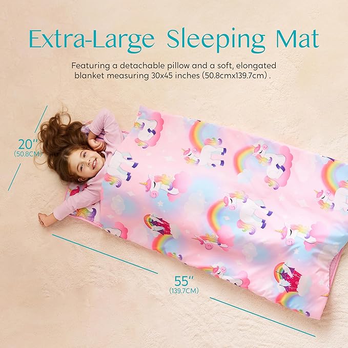 JOIEDOMI Toddler Nap Mat for Preschool 55''x30'' Sleeping Mat with Removable Pillow and Minky Blanket for Kids Ages 3-7 Roll Up Soft Kids Sleeping Bag for Boys Girls Kindergarten Daycare Sleepover