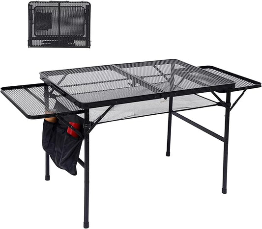 CDEN Camping Grill Table, Camping Table, Portable Table, with Side Table, Mesh Bag, for Camping, Outdoor, Picnic, Indoor