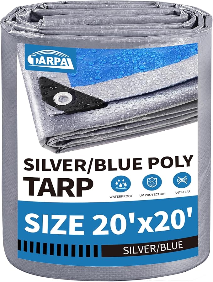 TARPAL Tarp 20x20 Feet Tarp Waterproof Large tarp 7.5mil Waterproof tarps for Outdoors,UV Protection,Rip and Tear Proof,Poly Tarpaulin(Silver/Blue)