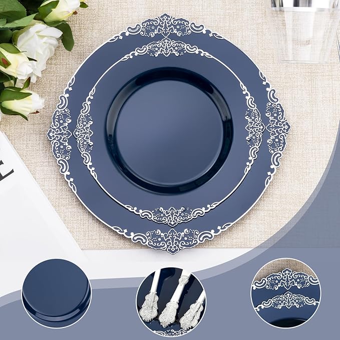 350PCS Navy Blue Plastic Plates for 50 Guests, Disposable Plates with Gold Trim include 50 Dinner and Dessert Plates, 150 Gold Silverware, 50 Cups, 50 Napkins for Party, Wedding & Graduation