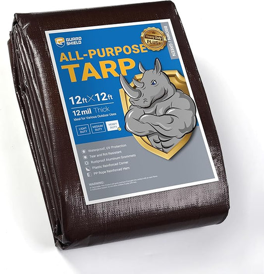 GUARD SHIELD Brown Tarp 12x12 Feet Large Plastic Tarps Heavy Duty Waterproof Outdoor Tarpaulin Cover 12mil