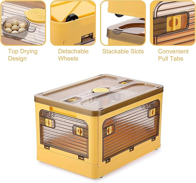 2 Pack Plastic 4 Doors Collapsible Storage Bins with Lid & Wheels, 28 Liters Folding Storage Bins, Stackable Multifunctional Box for Camping Clothes Snack Storage