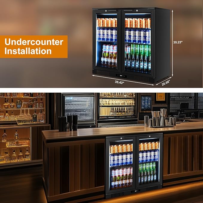 Back Bar Cooler Undercounter Beverage Refrigerator with Glass Door, Commercial Display Fridge for Beer Drink Soda with Temperature Control, 7.2Cu. Ft. Large Capacity, Black