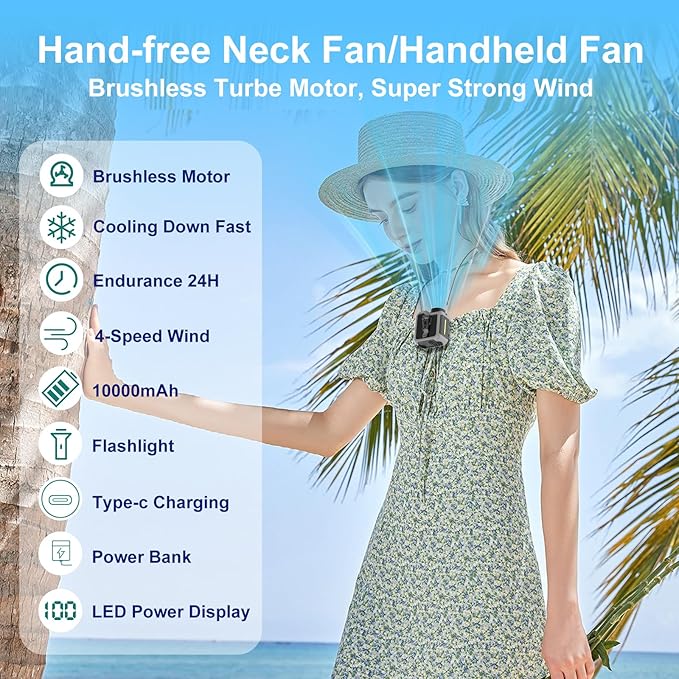7-in-1 Multi-Use Portable Fan Hands Free Flashlight Etc,Christmas Gifts for Men Women,Turbo Powerful Cooling Personal Fan,10000mAh,24H Lasting,LED Display,Outdoor Travel Camping Fitness (Dark grey)