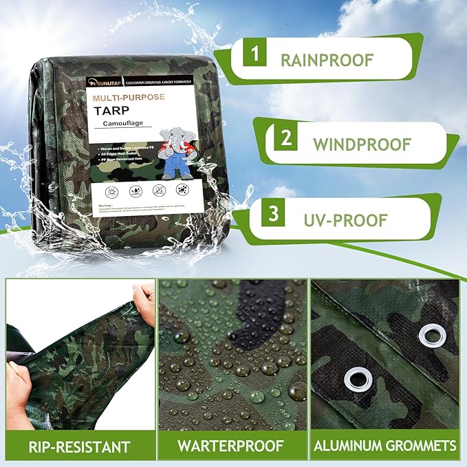 Camouflage Tarp 6x8Ft Waterproof Tarps with Grommets, Multipurpose Finished Size Tarps for Indoor and Outdoor Use, 5 MIL Light Duty Tarpaulin for Car, Camping, Boat, Roof, Protective Cover