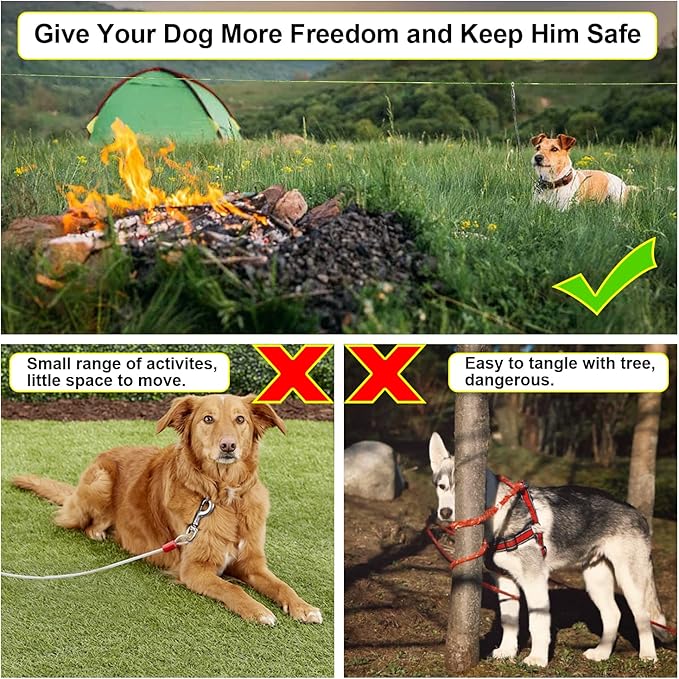 Dog Camping Essentials 50ft Portable Overhead Trolley System Pet Camping Leash for Dogs up to 200lbs Dog Runner for Yard