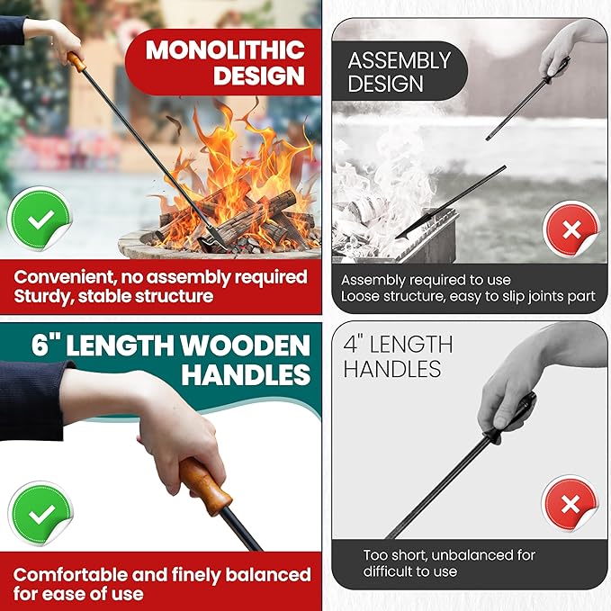 [UPGRADED] 40” Long Monolithic Design Fire Poker for Fire Pit with Blower Poke Function, Wooden Handle, Heat & Rust-resistance, Heavy Duty Fireplace Poker, Ideal for Camping, Fireplace, Woodstoves