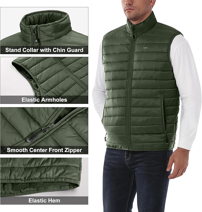 33,000ft Men's Lightweight Packable Insulated Puffer Vest Outerwear, Warm Winter Sleeveless Jacket for Golf Running