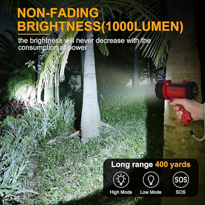 YIERBLUE Rechargeable Spotlight with Super High Lumen LED, IP67 Waterproof Handheld Flashlight Searchlight with Detachable Red Light Filter, Long Running