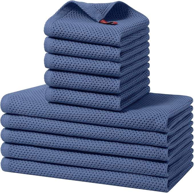 Kitinjoy 100% Cotton Kitchen Towels and Dishcloths Set, 10 Pack-13" x 28" and 12" x 12" Waffle Weave Dish Towels, Ultra Soft Absorbent Quick Drying Dish Rags, Navy Blue