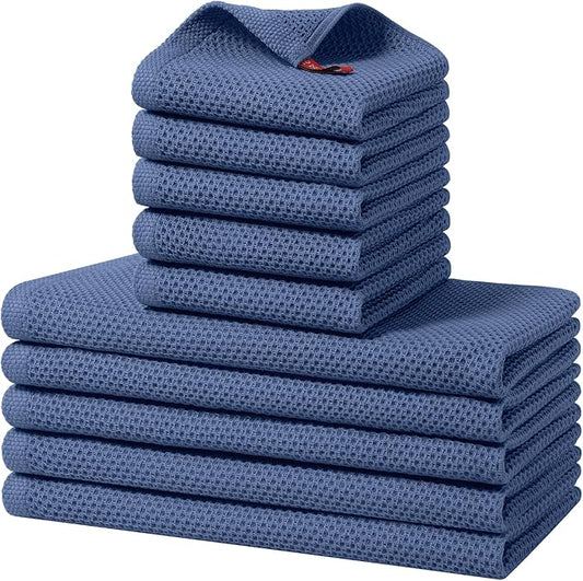 Kitinjoy 100% Cotton Kitchen Towels and Dishcloths Set, 10 Pack-13" x 28" and 12" x 12" Waffle Weave Dish Towels, Ultra Soft Absorbent Quick Drying Dish Rags, Navy Blue