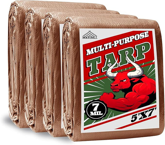 Tarp 5x7 ft (4-Pack) 100% Waterproof 7mil Durable Grommets and Reinforced Edges,Uv Resistant,Green/Brown Tarp,Emergency Rain Shelter,Outdoor Cover and Camping Use -by MVPNET