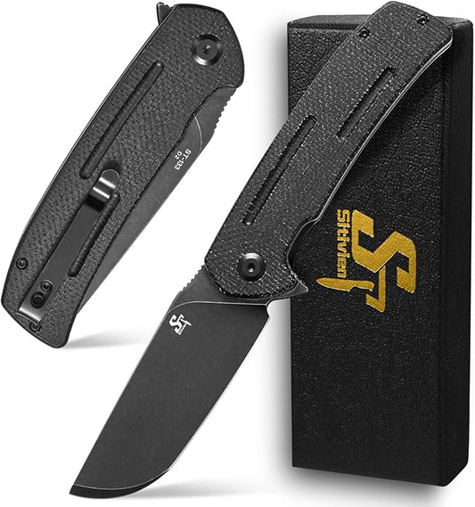 Sitivien ST133 Folding Knife,D2 Blade,Micarta Handle EDC Tool Knife for Outdoor Camping Hiking(Black)