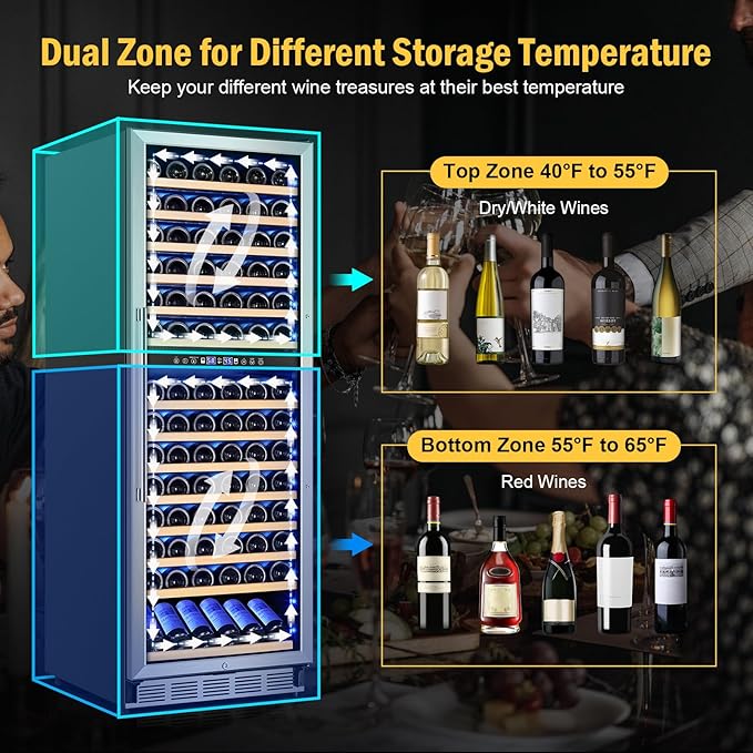 Wine Cooler Refrigerator 24 Inch, 180 Bottles Large Wine Fridge Dual Zones, Tall Freestanding/Built-in Wine Cellar Professional with Reversible Door Sliding Rail Shelves