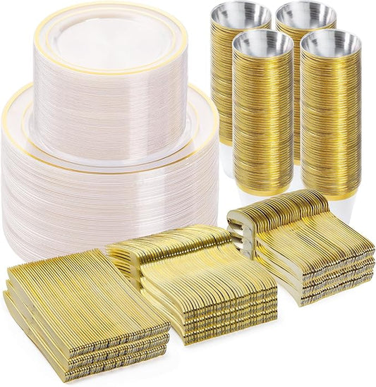 600PCS Clear Gold Dinnerware Set for 100 Guests, Plastic Plates for Party, Christmas and New Year, 100 Disposable Plates, 100 Dessert Plates, 100 Cups, 100 Spoons, 100 Forks and 100 Knives