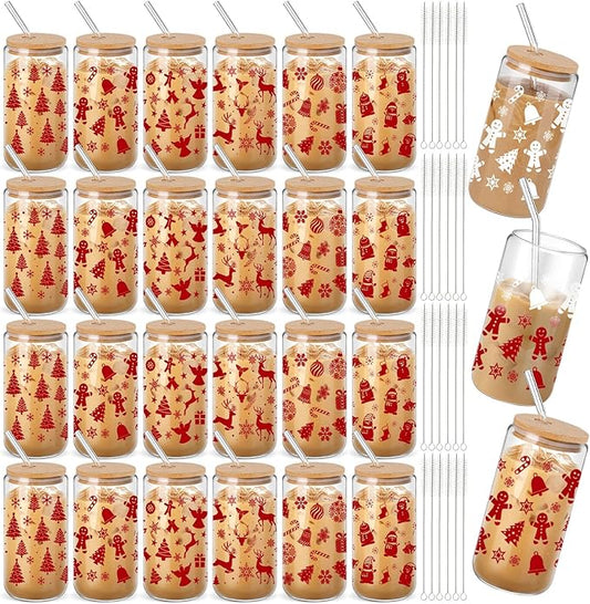 24 Pcs Christmas Gifts 16 oz Color Changing Cups with Lids and Straws Bulk Christmas Glass Iced Coffee Cups Holiday Can Shape Tumbler for Xmas Winter Party Favors Decor Gift (Red Pattern)
