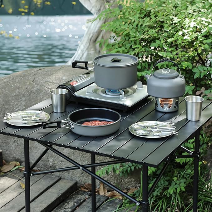 REDCAMP Stainless Steel Camping Mess Kit, Camping Dishes Set for 4, Camp Plate Set with Bowls Plates Cups Forks Spoons, for Backpacking, Outdoor Backpacking Hiking and Picnic