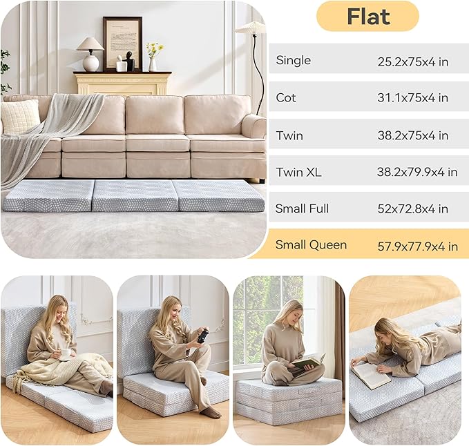 BDEUS Memory Foam Folding Mattress 4 Inch Small Queen Size with Protable Storage Bag, Trifold Mattress Topper Soft Guest Bed Floor Mat for Kids Camping Road Trip, Gray, 58 x 78 Inch