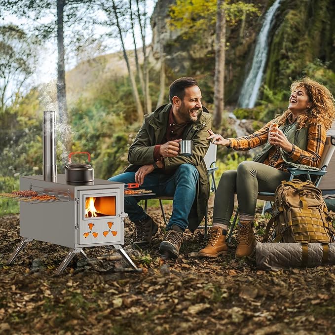 Hot Tent Stove, Camping Wood Stove for Tent, Portable Stainless Steel Wood Burning Stove with 7 Chimney Pipes for Wall Tent Camping, Cooking, Ice Fishing, Hunting, Boiling Water - Large