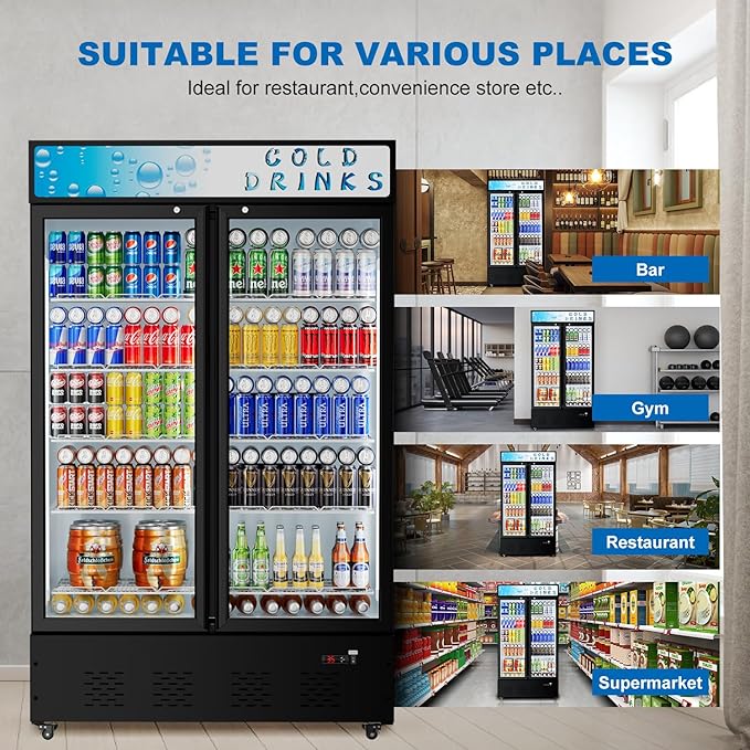 Commercial Glass Door Display Refrigerator 40 Cu.ft Cooler Commercial Display Beverage Refrigerators with LED Light and 10 Shelves for Cafe Restaurant Store Bar