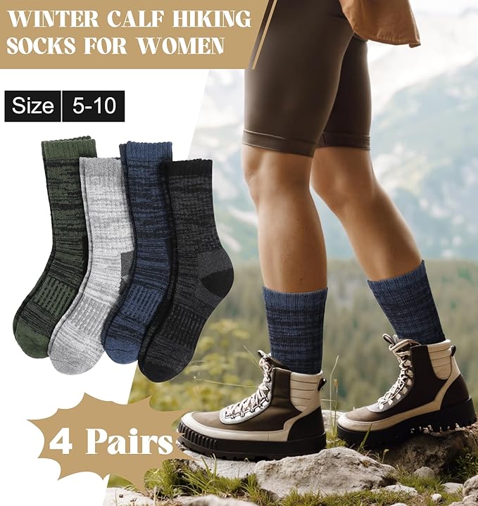 Justay 4 Pairs Merino Wool Socks for Women, Hiking Thermal Warm Winter Cozy Thick Boot Socks for Women Gifts