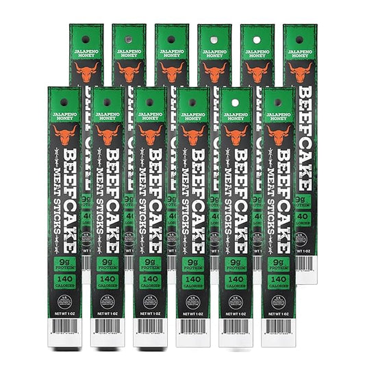 Beefcake Jerky Jalapeno Honey Meat Sticks, Sweet Heat Protein Snacks, 9g Protein, 12 Sticks