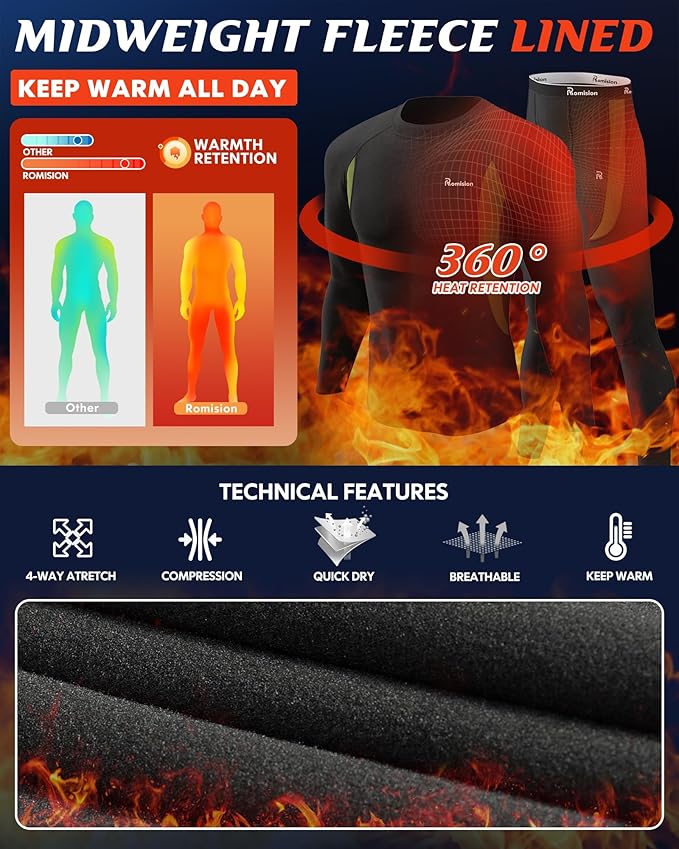 romision 2 Pack Thermal Underwear for Men Long Johns Fleece Lined Hunting Gear Bottom Top Set Base Layer Cold Weather XS-4XL