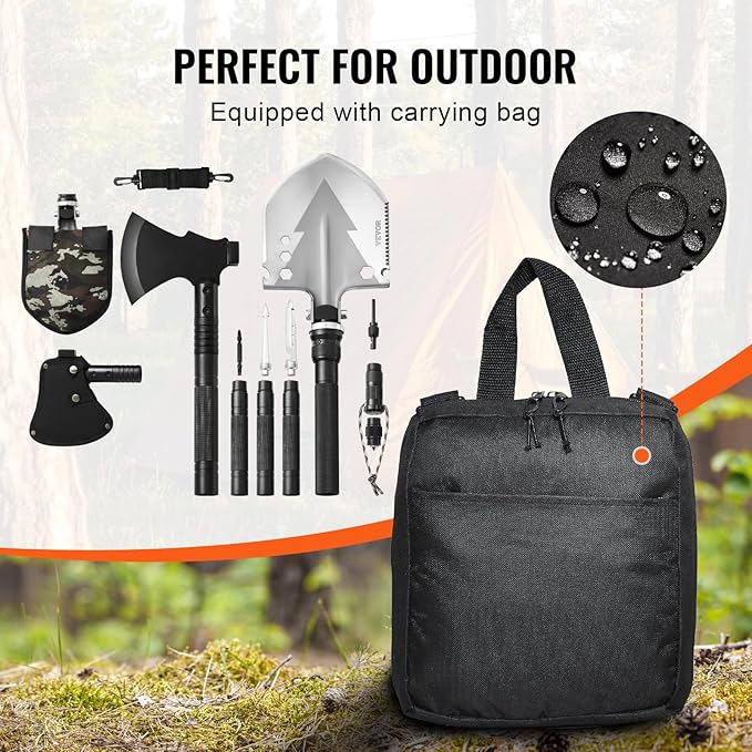 VEVOR Survival Shovel Survival Axe -16-in-1 Camping Folding Shovels with Hatchet - Stainless Steel Tactical Shovel Hatchet Combo - Multifunctional Emergency Survival Gear Equipment for Camping Hiking
