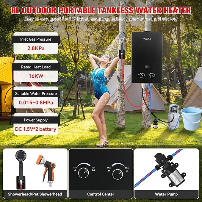 Tankless Water Heater Propane,2.11GPM 8L Outdoor Portable Water Heater,with 2 GPM Water Pump, with Digital Display Multi-Protection for Camping Trips Boat Cabins