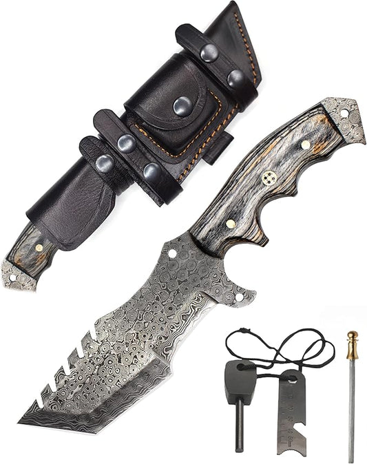 Handmade 10.5” Damascus knife- Fixed Blade Hunting Knife with Sheath-Pakka Wood Handle-Bushcraft knife-Survival Knife-Camping knife- Ideal For EDC, skinning, Camping, Outdoor-Best Hunting Knives For Men.