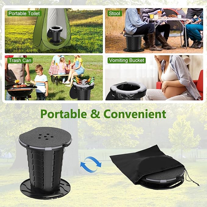 BLIKA Upgraded Retractable Portable Toilet with Soft Cushioned Seat, 350LBS Foldable Camp Toilet for Adults & Kids, Compact Travel Toilet for Camping, Hiking, RV Travel, Road Trips
