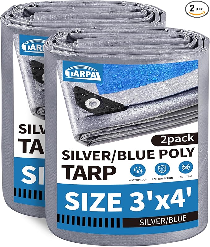 TARPAL Tarp 3x4 Feet (2 Pack) Tarp Waterproof Small tarp 7.5mil Waterproof tarps for Outdoors,UV Protection,Rip and Tear Proof,Poly Tarpaulin(Silver/Blue)