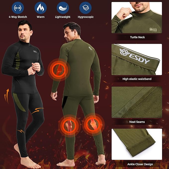 romision 2 Pack Thermal Underwear for Men Long Johns Fleece Lined Hunting Gear Bottom Top Set Base Layer Cold Weather XS-4XL
