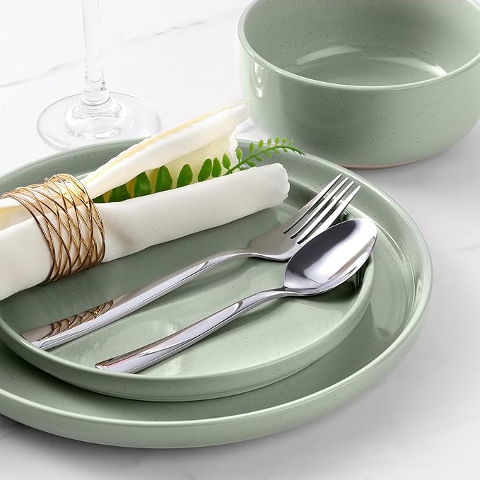 LIANYU Porcelain Dinnerware Set for 4, 12 PC Stoneware Dinner Plates and Bowls, Ceramic Dining Dishes Set for Dessert Salad Pasta, Microwave & Dishwasher Safe, Fog Green