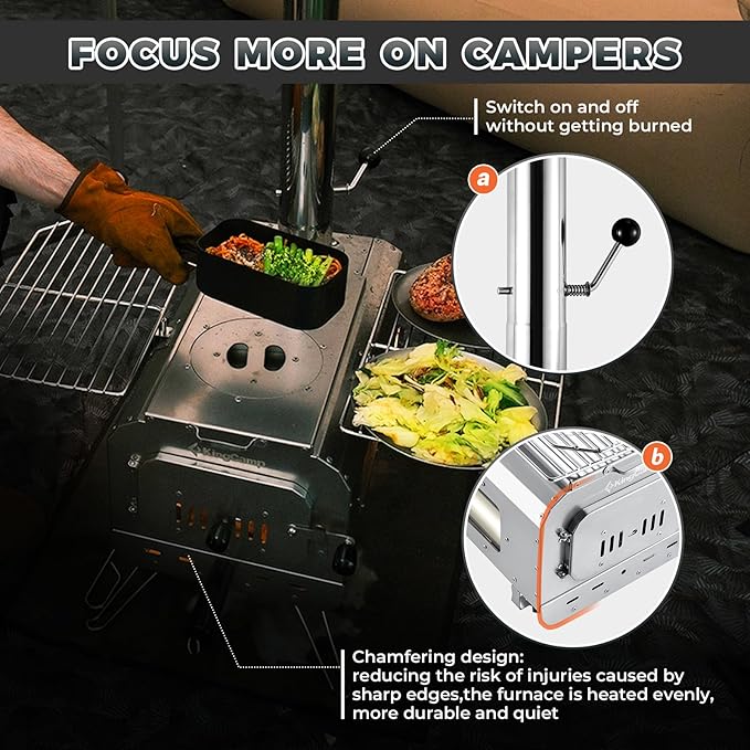 KingCamp Hot Tent Stove, Foldable Camping Stove with Large Firebox, 6.6ft Winter Camping Stove for Tent, Shelter, Cabin Heating, With Chimney Pipes, Heat Resistant Glass & Gloves for Outdoor