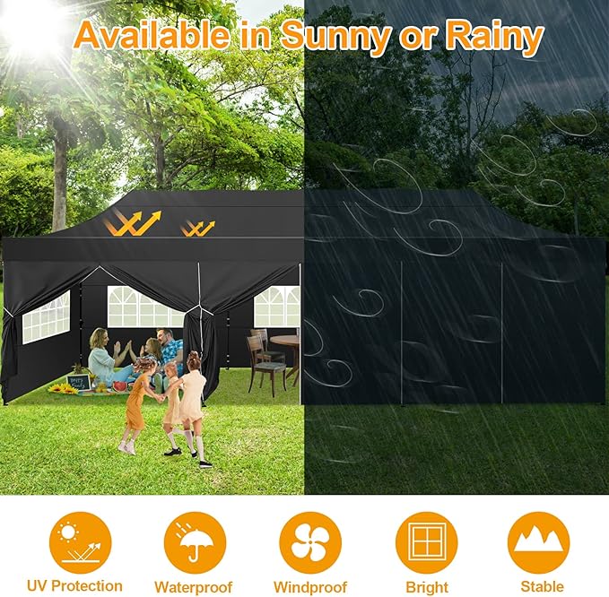 COBIZI 10x30 Pop Up Canopy with 8 Sidewall,Heavy Duty UPF 50+ All Season Wind Waterproof Commercial Outdoor Wedding Party Tents for Parties Canopy Gazebo with Roller Bag(10 x 30 ft Black)