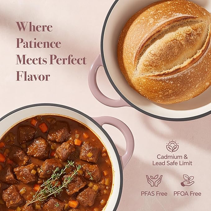 Vintage Style 4.5 Quart Dutch Oven Pot with Lid, Non Stick Enameled Cast Iron Dutch Oven for Bread Baking, Heavy-Duty, Oven Safe Ceramic Cookware Up to 500°F for Baking, Braising, Stews, Roasting, Pink