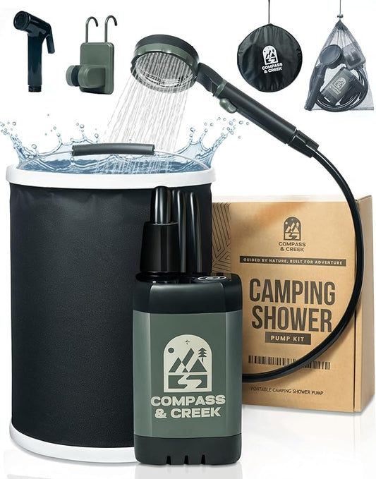 Camping Shower Pump Kit – Portable High Pressure Outdoor Shower with Long Lasting 90 Min Battery and 3.9 Gal Collapsible Bucket, Includes Cleaning Attachment for Camp Dishes, Gear, Travel and Hiking